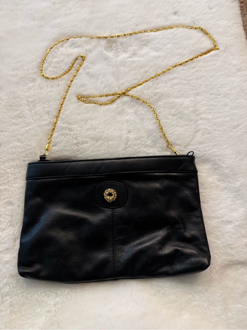 Black Leather Crossbody Bag with Gold Chain